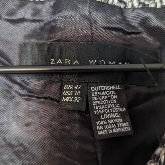 Zara Women Fringe Edges Textured Blazer Size 10 Black Cream - Picture 3 of 12